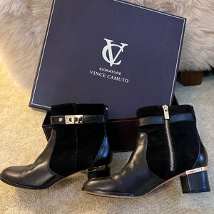 Black Vince Camuto Signature ankle boots with gold accents #ankleboots